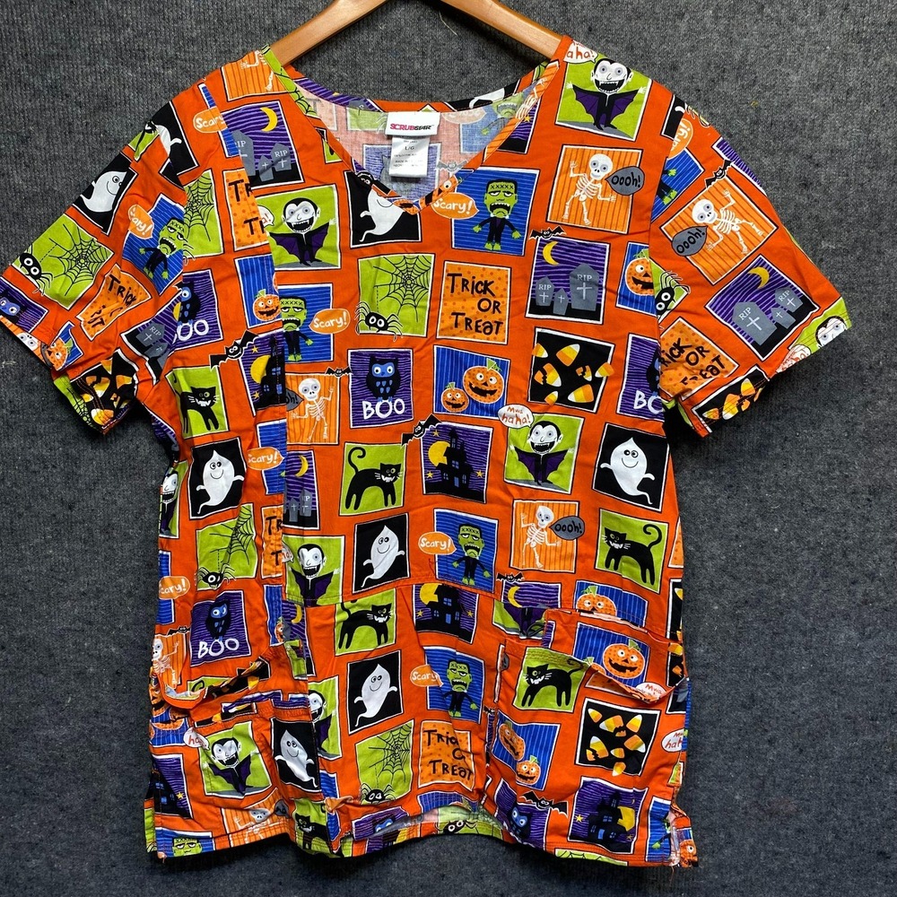 ScrubStar Scrub Top Halloween Print Orange Women Large Medical Nursing V-Neck